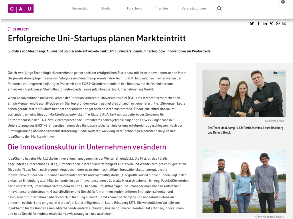 Abschluss EXIST-Gründerstipendium: Pressemitteilung der CAU Kiel mit dem Titel "Erfolgreiche Uni-Startups planen Markteintritt"