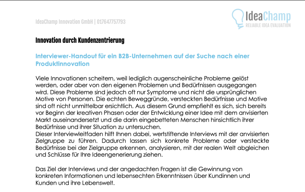 Interviewer-Handout für ein B2B-Unternehmen auf der Suche nach einer Produktinnovation IdeaChamp Academy