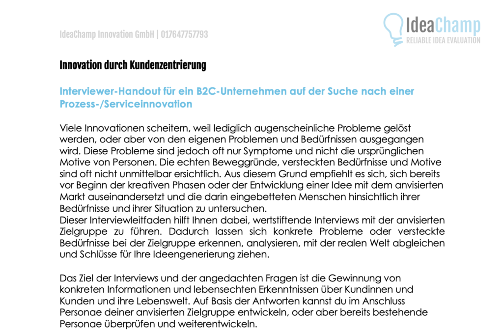 Interviewer-Handout für ein B2C-Unternehmen auf der Suche nach einer Serviceinnovation IdeaChamp Academy