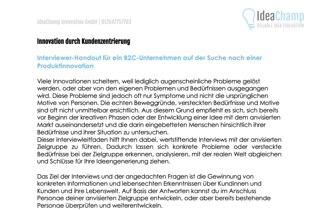 Interviewer-Handout für ein B2C-Unternehmen auf der Suche nach einer Produktinnovation IdeaChamp Academy