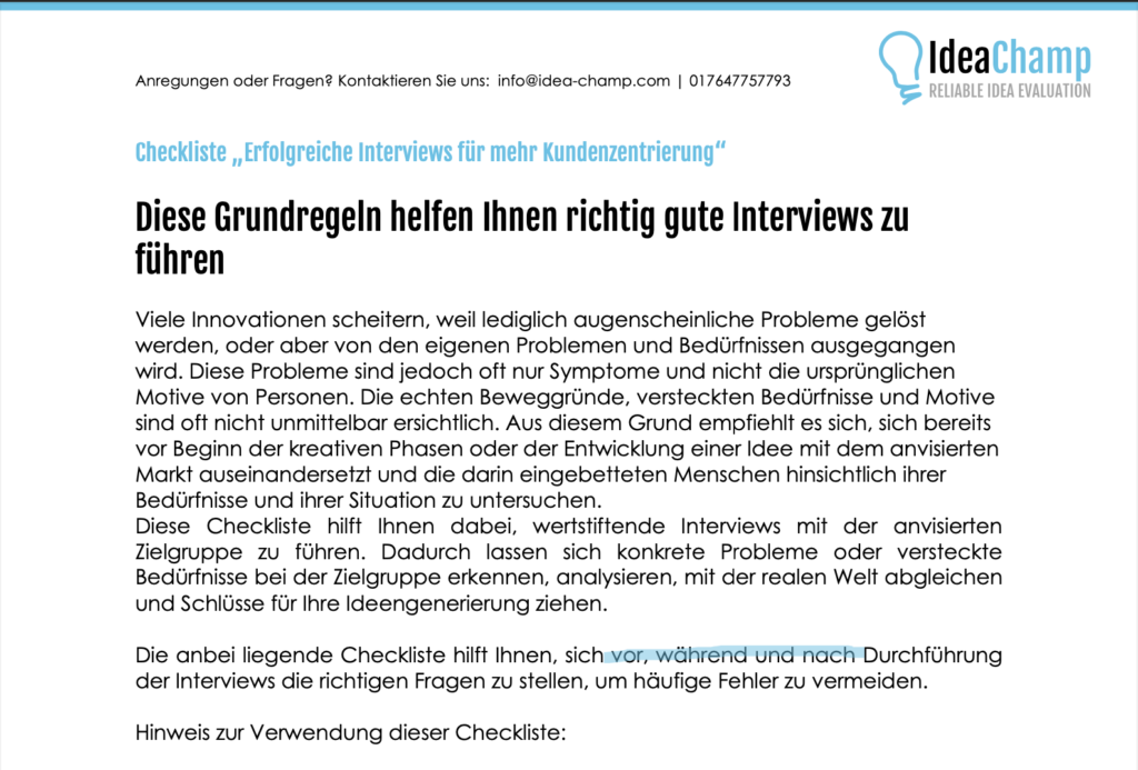 Checkliste Erfolgreiche Interviews für mehr Kundenzentrierung IdeaChamp Academy