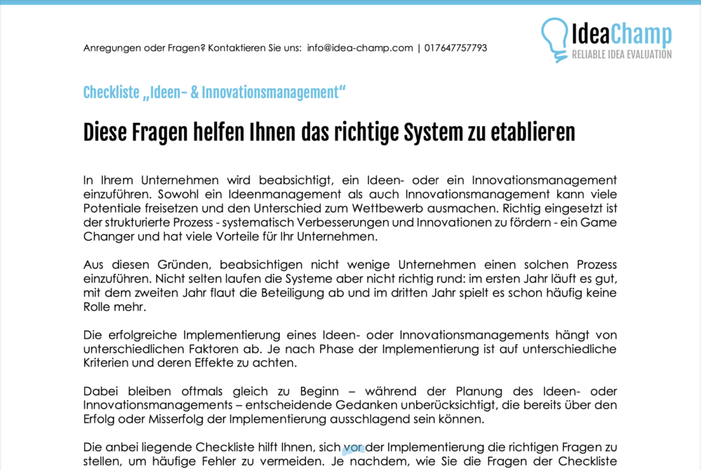 Checklisten und Arbeitsblätter für Ihr Innovationsmanagement / Vorschau Checkliste Ideen- und Innovationsmanagement IdeaChamp Academy