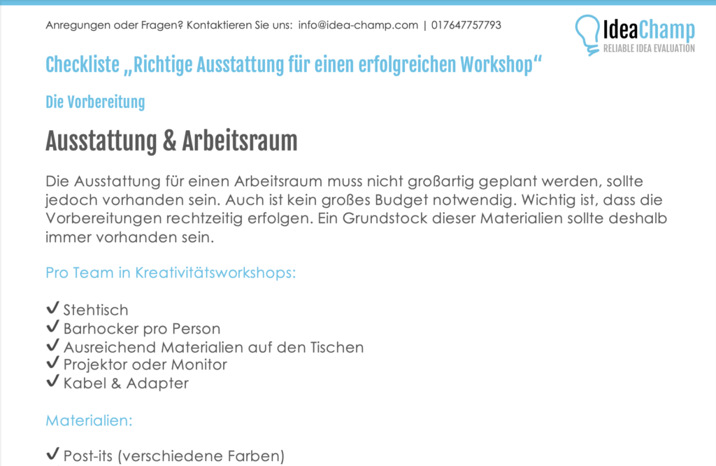 Checkliste Die richtige Ausstattung für einen erfolgreichen Workshop IdeaChamp Academy