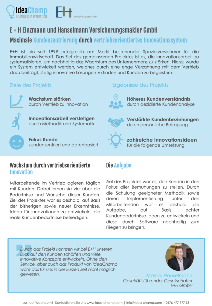 Case Study Fallstudie E+H Versicherungsmakler Innovation E+H Einzmann und Hanselmann Versicherungsmakler GmbH IdeaChamp Innovation GmbH Vorschau