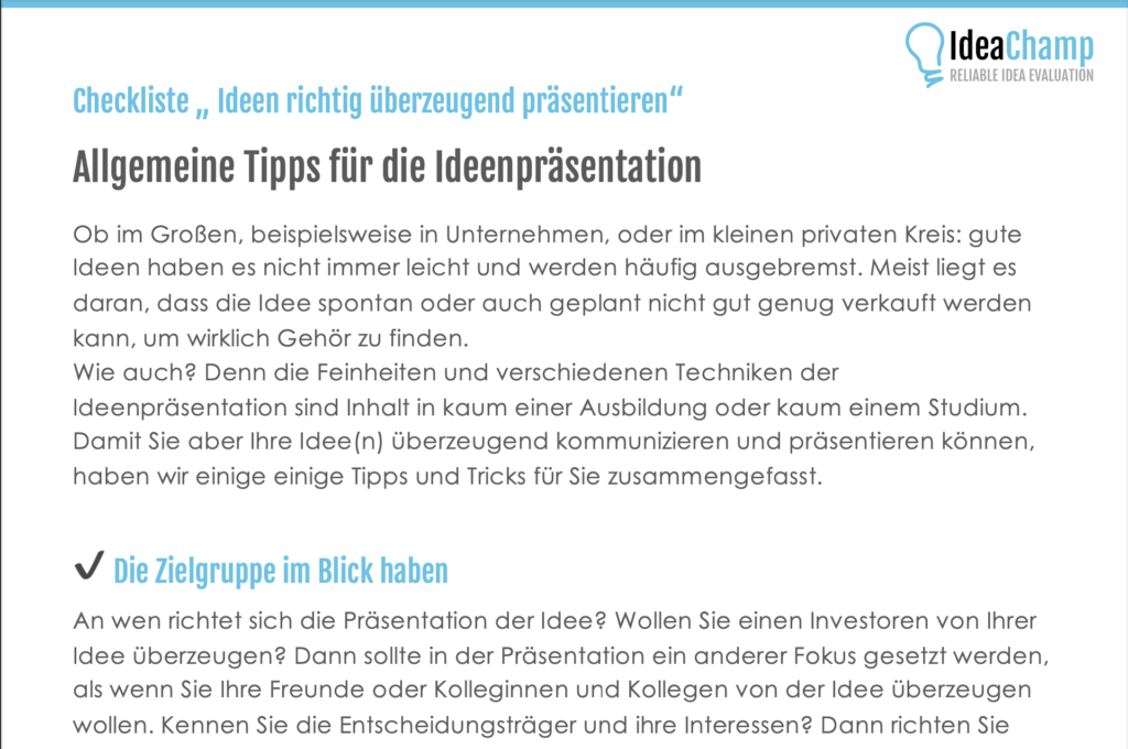 Checkliste Ideen richtig überzeugend präsentieren IdeaChamp Academy Vorschau