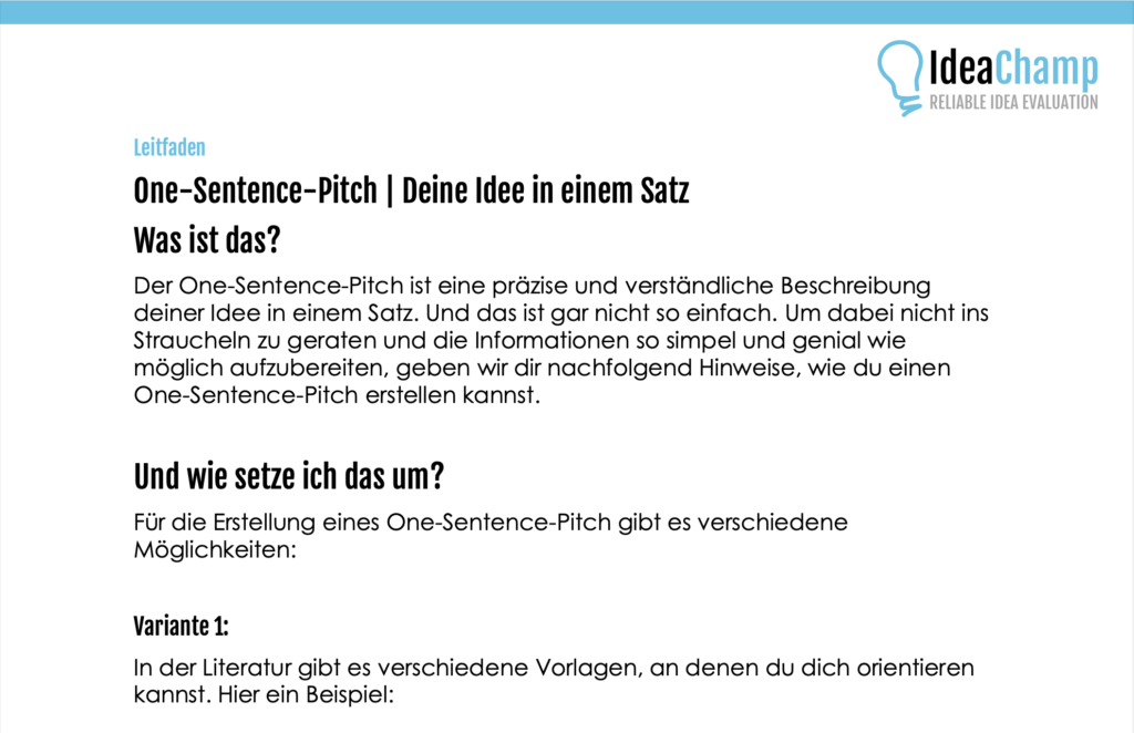 Leitfaden Erstellung One Sentence Pitch IdeaChamp Academy